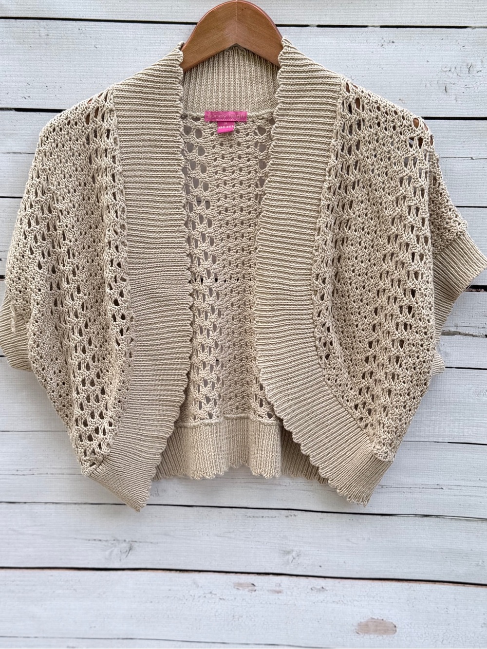 Sunny Leigh Open-Knit Short Sleeve Shrug in Beige - Picture 2 of 7